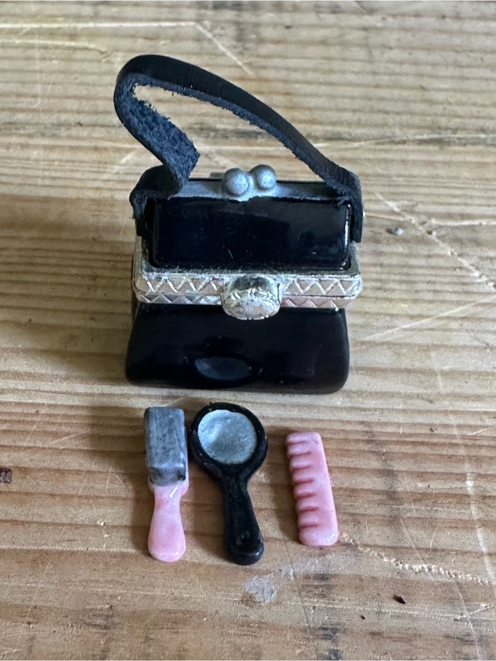 Vintage PHB Porcelain Hinged Trinket Box Mini Black Purse Comb Brush Mirror